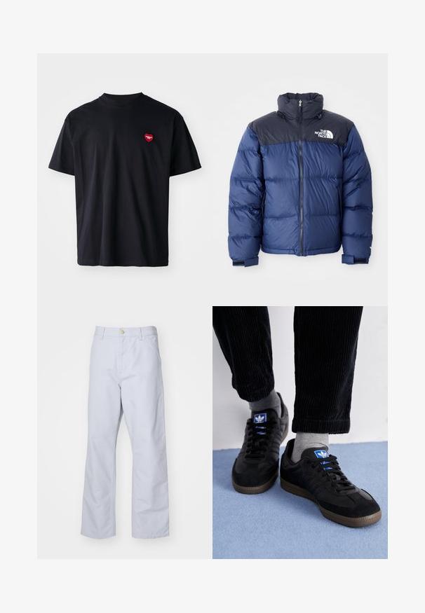 Navyblauer Daunenjacke mit schwarzem Oberteil, hohem Kragen, Frontreißverschluss und Logo auf der Brust. Mit voluminöser Textur und elastischen Bündchen.; Schwarzes Baumwoll-T-Shirt mit rundem Halsausschnitt und kurzen Ärmeln. Mit einem kleinen roten Herz-Logo auf der linken Brustseite.; Helleblaue, gerade geschnittene Hosen aus Baumwolle. Verfügt über eine Fronttasche, einen Reißverschluss und einen einzelnen Metallknopf am Bund.; Schwarze Sneaker aus Wildleder und Leder, ausgestattet mit einem blauen Logo und einer braunen Gummisohle. Kombiniert mit grauen Socken und Cordhosen.