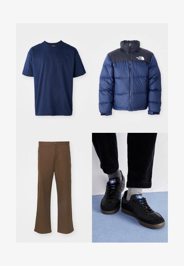 Tumesinine puhvjakas, millel on must ülemine osa, kõrge krae, eesmine visiir ja logo rinnal. Mahukas tekstuur ja elastsed mansetid.; Tumesinine puuvillane T-särk ümmarguse kaelusega, lühikeste varrukatega ja rindkere peene reljeefse logoga. Lihtne lamedat disain, pehme tekstuur.; Pruunid laiad püksid siledast kangast, millel on nööbiga sulgur, esipocketid ja sirged õmblused jalgade ääres.; Mustad mustad, mis on valmistatud siidist ja nahast, sinise logoga ja pruunist kummist tallaga. Kombineeritud hallide sokkide ja sametpükstega.