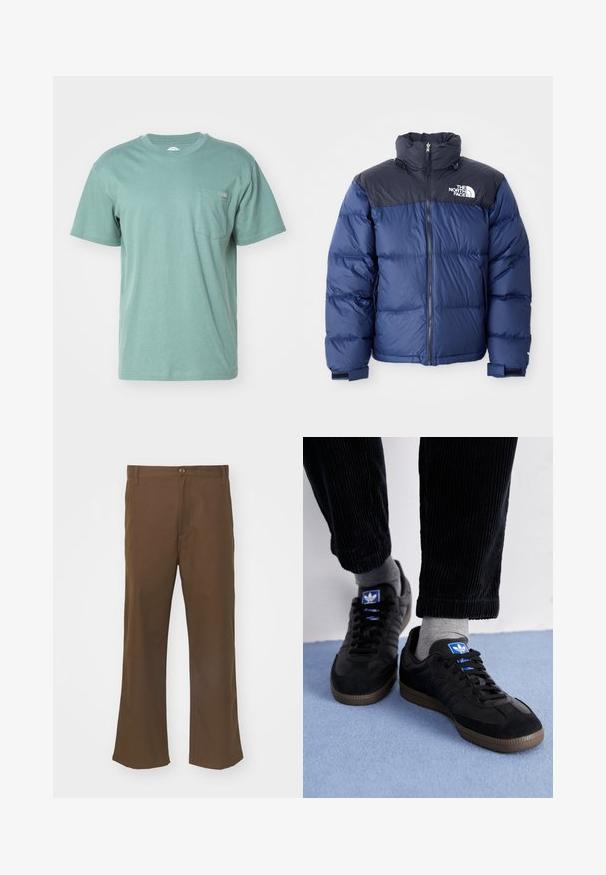 Tengerészkék pufferszövet kabát fekete felső résszel, magas gallérral, elől zipzárral és logóval a mellkason. Bulkos textúra és elasztikus mandzsetta.; Zöld pamut póló rövid ujjakkal, kerek nyakkivágással, a bal mellrészen zsebbel, amelyen egy kis logó található. Puha tapintás és laza fazon.; Barna harangszórt nadrág sima anyagból, gombos záródással, elülső zsebekkel és egyenes varrással a lábak mentén.; Fekete sportcipők velúrból és bőrből, kék logóval és barna gumitalppal. Szürke zoknikkal és kordbársony nadrággal párosítva.