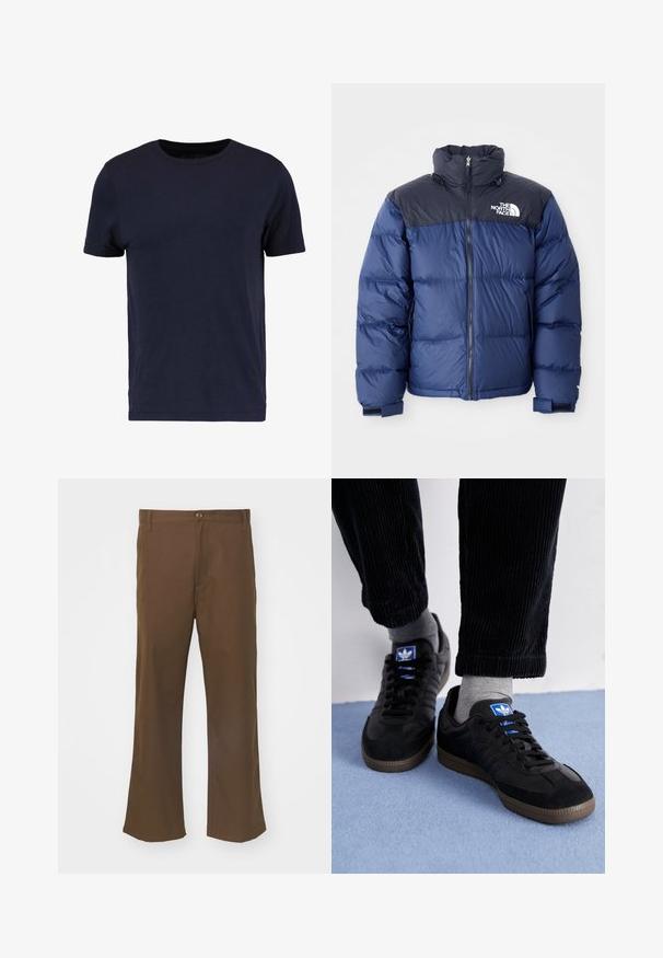 Mørkeblå puffjakke med svart toppseksjon, høy krage, glidelås foran og logo på brystet. Bulkete tekstur og elastiske mansjetter.; Pier One T-shirts - dark blue; Brune vide bukser laget av glatt stoff med knappelukking, har frontlommer og rette sømmer langs beina.; Sorte joggesko laget av semsket skinn og lær, med en blå logo og brun gummisåle. Paret med grå sokker og kordfløylebukser.