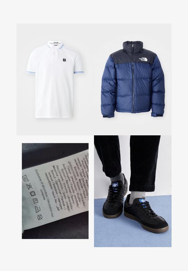 Marineblauwe puffer jacket met een zwart bovenstuk, hoge kraag, ritssluiting aan de voorkant en logo op de borst. Dikke textuur en elastische manchetten.; Witte polo-shirt van katoen, met een drieknoopsluiting, blauw-gestreepte accenten op de mouwen en een klein zwart logo-embleem.; Label tag met meertalige tekst, zorgsymbolen en recyclingiconen, gedrukt op een zacht textielachtig materiaal in een lichte kleur.; Zwarte sneakers van suede en leer, met een blauw logo en een bruine rubberen zool. Gepaard met grijze sokken en corduroy broek.