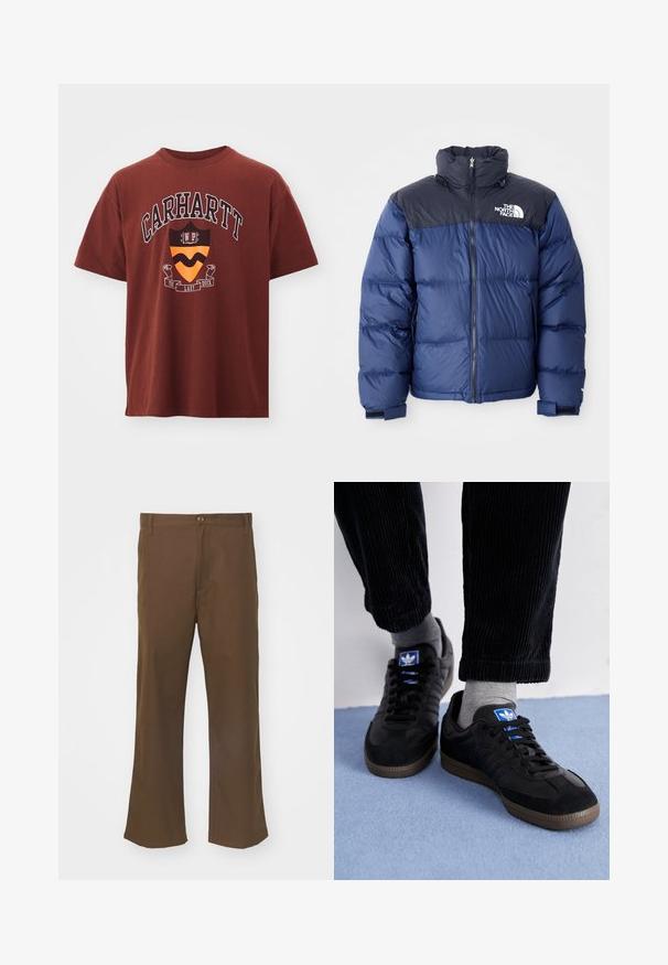 Navy blue puffer jacket featuring a black top section, high collar, front zipper, and logo on the chest. Bulked texture and elastic cuffs.; Maroon cotton t-shirt with short sleeves. Features a graphic print including "Carhartt" text and a shield design in orange and black.; Brown flared trousers made of smooth fabric with a button closure, featuring front pockets and straight seams along the legs.; Black sneakers with suede and leather material, featuring a blue logo and brown rubber sole. Paired with gray socks and corduroy pants.