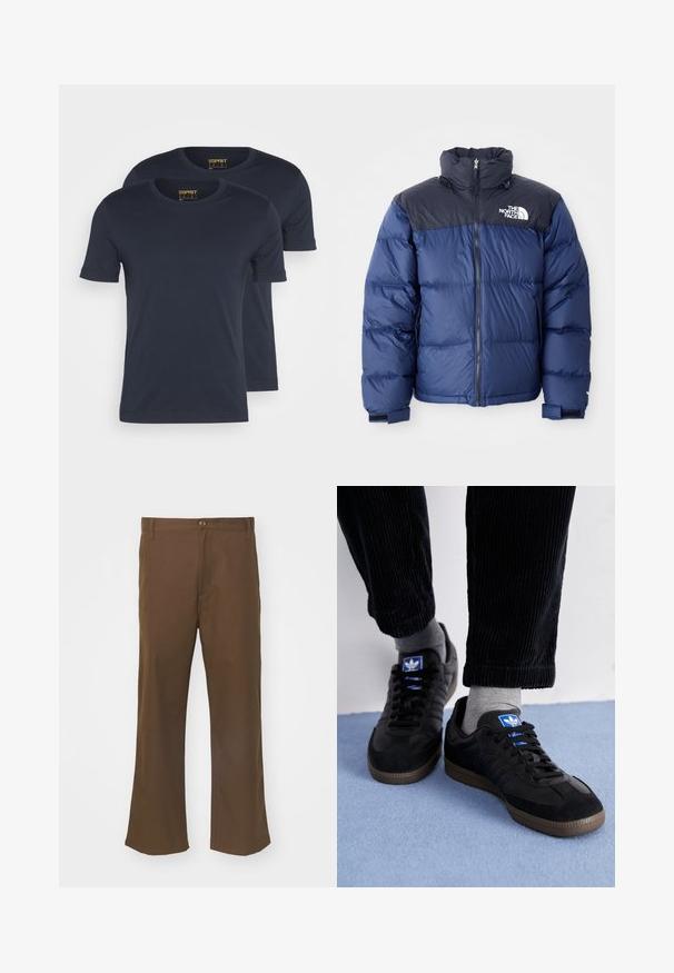Marineblauwe puffer jacket met een zwart bovenstuk, hoge kraag, ritssluiting aan de voorkant en logo op de borst. Dikke textuur en elastische manchetten.; Esprit 2 PACK - T-shirt basic - navy; Bruine flared broeken van gladde stof met knoopsluiting, voorzien van steekzakken en rechte naden langs de benen.; Zwarte sneakers van suede en leer, met een blauw logo en een bruine rubberen zool. Gepaard met grijze sokken en corduroy broek.