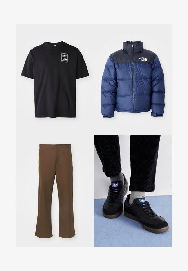 Mornarsko modra puhasta jakna z black zgornjim delom, visokim ovratnikom, sprednjim zadrgo in logotipom na prsih. Debela tekstura in elastični manšeti.; Črna bombažna majica s kratkimi rokavi in okroglim izrezom, z belim grafičnim logotipom v pravokotni okvirju na levem prsnem predelu.; Rjave razširjene hlače iz gladkega materiala z zapiranjem na gumb, ki imajo sprednje žepke in ravne šive po celotni dolžini nog.; Črne teniske iz semiša in usnja, z modrim logotipom in rjavim gumijastim podplatom. V kombinaciji z sivimi nogavicami in kordno hlačami.