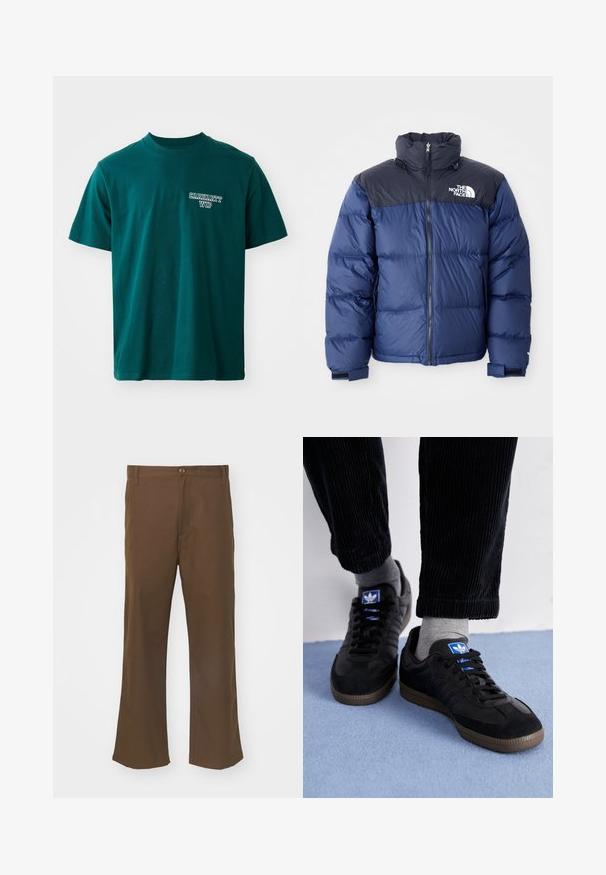 Mørkeblå pufferjakke med en sort topdel, høj krave, frontlynlås og logo på brystet. Føles bulky med elastiske manchetter.; Teal bomulds T-shirt med korte ærmer og rund hals. Inkluderer hvidt "Carhartt WIP" logo på venstre bryst. Simpelt design, lige snit.; Brune flagrende bukser lavet af glat stof med knaplukning, der har forlommer og lige søm langs benene.; Sorte sneakers lavet af ruskind og læder, med et blåt logo og en brun gummisål. Kombineret med grå sokker og kordfløjlbukser.