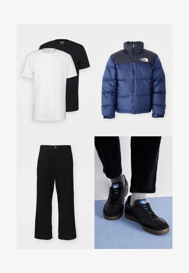 Navy blue puffer jacket featuring a black top section, high collar, front zipper, and logo on the chest. Bulked texture and elastic cuffs.; Pack of two t-shirts: one white and one black. Both feature crew necklines and short sleeves, crafted from soft cotton material.; Black wide-leg pants made from cotton blend fabric, featuring a button closure and straight cut with minimal visible stitching.; Black sneakers with suede and leather material, featuring a blue logo and brown rubber sole. Paired with gray socks and corduroy pants.