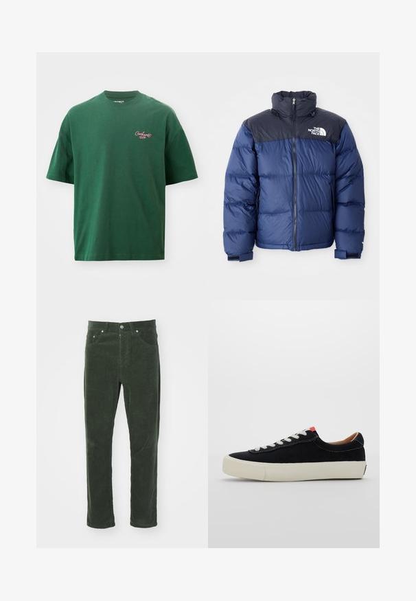 Tumesinine puhvjakas, millel on must ülemine osa, kõrge krae, eesmine visiir ja logo rinnal. Mahukas tekstuur ja elastsed mansetid.; Roheline lühikeste varrukatega t-särk, mis on valmistatud puuvillast. Omab ümmargust kaelust ja väikest roosa "Carhartt WIP" logo vasakul rinnal.; Roheline vaskingpüksid sirge säärega disainiga, viie taskuga, metallist nööp sulgemisega ja tekstuuriga ribaline pind.; Must mustrasneaker mustmustraday valgetus valge nööritega, beež kummist tallaga ja punase aktsendiga kandade juures. Ümar nina ja minimaalne õmblusdetail.