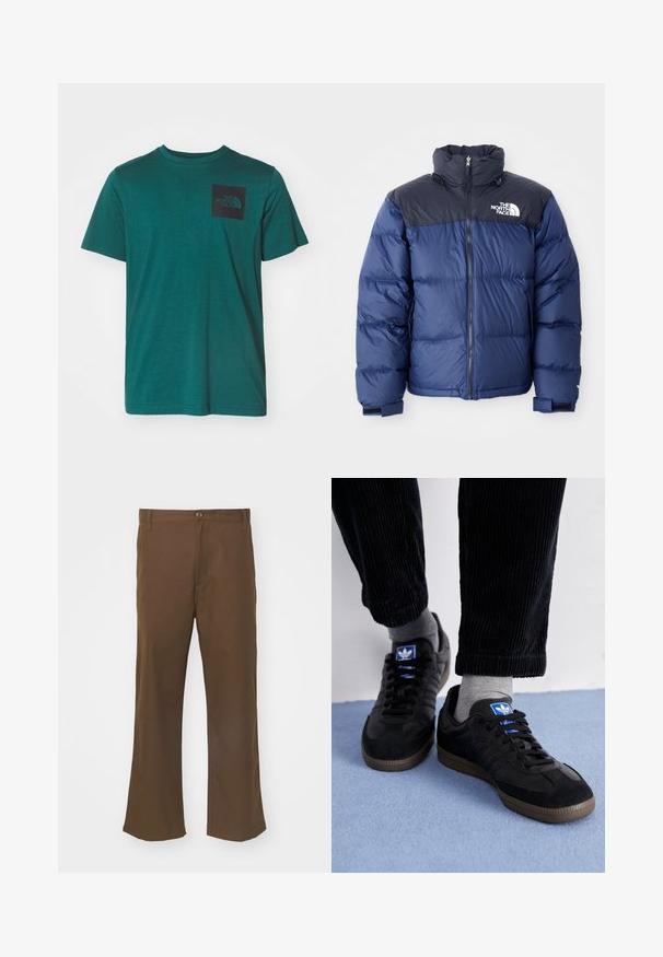 Tumesinine puhvjakas, millel on must ülemine osa, kõrge krae, eesmine visiir ja logo rinnal. Mahukas tekstuur ja elastsed mansetid.; Tumesinine puuvillane t-särk lühikeste varrukatega, ümmargune kaelus ja must ruudukujuline tasku, millel on logo vasakul rinnakul. Sile tekstuur.; Pruunid laiad püksid siledast kangast, millel on nööbiga sulgur, esipocketid ja sirged õmblused jalgade ääres.; Mustad mustad, mis on valmistatud siidist ja nahast, sinise logoga ja pruunist kummist tallaga. Kombineeritud hallide sokkide ja sametpükstega.