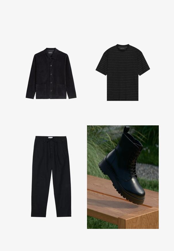 Giacca di velluto a coste blu navy con colletto, chiusura a bottoni, due tasche frontali e maniche lunghe. Il tessuto ha una finitura morbida e texturizzata.; T-shirt nero a maniche corte con sottili righe orizzontali bianche. Realizzato in tessuto morbido con scollatura rotonda e vestibilità comoda.; Pier One Chino - black; Stivaletto nero in pelle con superficie texturizzata, parte anteriore con lacci e suola alta e rigida. Esibito su una superficie di legno con uno sfondo di erba.