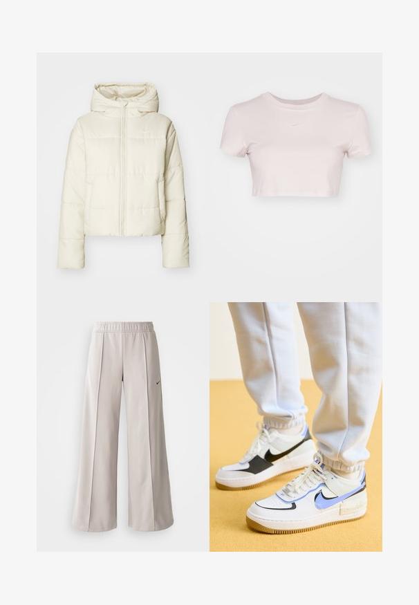 Puffjakke i creme med hætte, fuld frontlynlås og logo. Materialet er glat med en quiltet tekstur og cropped design.; Lyserød cropped T-shirt, lavet af blødt stof. Har rund halsudskæring og korte ærmer med et lille hvidt Nike-logo på brystet.; Lys grå, vide bukser lavet af glat stof. Har et elastisk talje bånd og sort Nike-logo på venstre side.; Nike Sportswear AIR FORCE 1 SHADOW - Sneakers - white/royal pulse/black/photon dust/summit white/persian violet