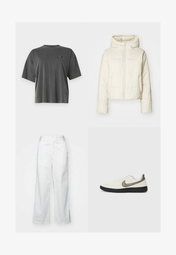 Kurtka puchowa w kolorze kremowym, z kapturem, pełnym zamkiem błyskawicznym i logo. Materiał jest gładki, o pikowanej fakturze i krótkim kroju.; Szara bawełniana koszulka z okrągłym dekoltem i krótkimi rękawami. Posiada małą naszywkę z logo w kontrastowym kolorze na lewej stronie klatki piersiowej.; Białe spodnie o szerokich nogawkach wykonane z bawełny, charakteryzujące się gładką fakturą, prostym krojem, przednimi kieszeniami i czystym wykończeniem.; Nike Sportswear - Sneakersy niskie
