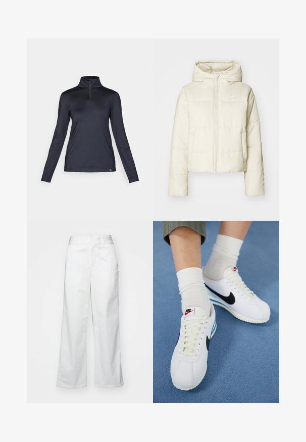 Kurtka puchowa w kolorze kremowym, z kapturem, pełnym zamkiem błyskawicznym i logo. Materiał jest gładki, o pikowanej fakturze i krótkim kroju.; Bogner Fire + Ice MARGO2 granatowy; Białe spodnie o szerokich nogawkach wykonane z bawełny, charakteryzujące się gładką fakturą, prostym krojem, przednimi kieszeniami i czystym wykończeniem.; Białe sneakersy Nike z czarnym logo, z sznurowanym przodem i białymi podeszwami z niebieskimi akcentami. Noszone z białymi skarpetami za kostkę na zielonych spodniach.