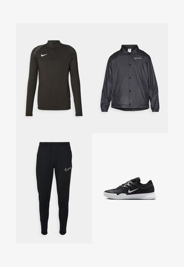 Musta tuulitakki, jossa on kauluspää, napsulukot, joustavat hihansuut, sivutaskut ja logo vasemmassa rinnassa. Kevyt kangas.; Musta pitkähihainen urheilupaito, jossa on korkea kaulus, vetoketjukaulus ja harmaat olkapääkoristeet; paitassa on valkoinen Nike-logo rinnassa.; Mustat urheiluhousut, joissa on elastinen vyötärönauha, kapea malli ja valkoinen Nike-logo vasemmalla puolella. Pehmeä kangas, jolla on sileä pinta.; Musta urheilukenkä, jossa on teksturoitu päällinen, valkoinen Nike-tikkaus ja valkoinen kumipohja. Kenkässä on nauhakuji ja dynaaminen muoto.