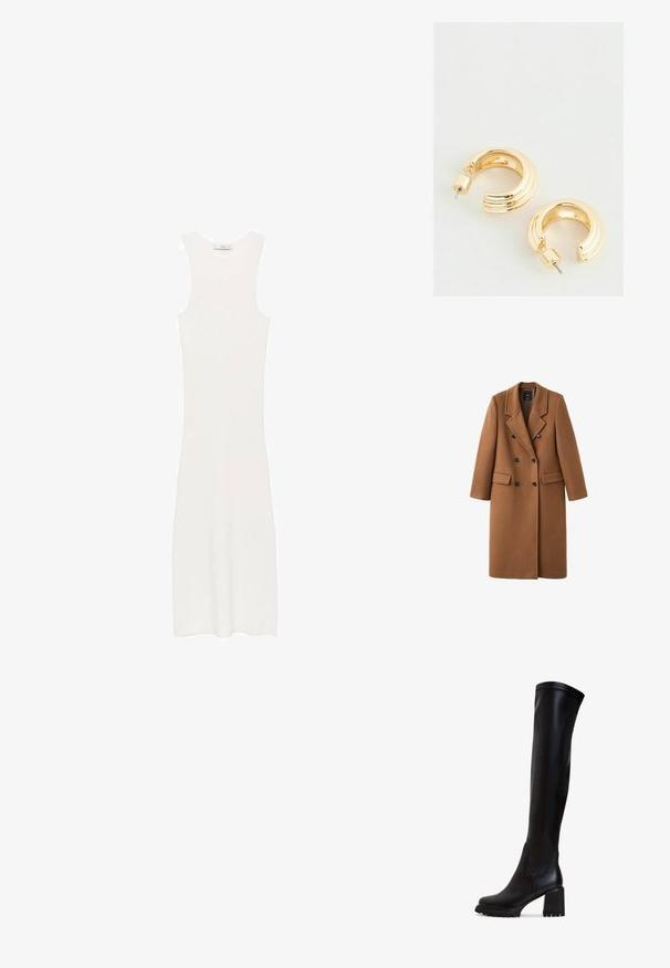 Brauner Wollmischmantel mit doppelter Knopfleiste, Reverskragen und zwei Seitentaschen. Mit schwarzen Knöpfen und knielangem Design.; Weißes, ärmelloses, geripptes Strickkleid mit taillierter Silhouette, das bis unter die Knie reicht. Einfaches und minimalistisches Design, ohne Muster oder Hardware.; Schwarze, knielange Lederstiefel mit einem stabilen Absatz, glatter Textur und abgerundeter Spitze; weisen sichtbare Nahtdetails im Obermaterial auf.; Weiße Handtasche mit Krokodileffekt, goldenen Beschlägen, einem oberen Griff und einem abnehmbaren Schulterriemen; verfügt über einen Schlossverschluss und ein minimalistisches Design.; Goldfarbene Creolen mit polierter Oberfläche, ausgestattet mit einem geriffelten Design und einem Steckverschluss. Runde, klobige Form.