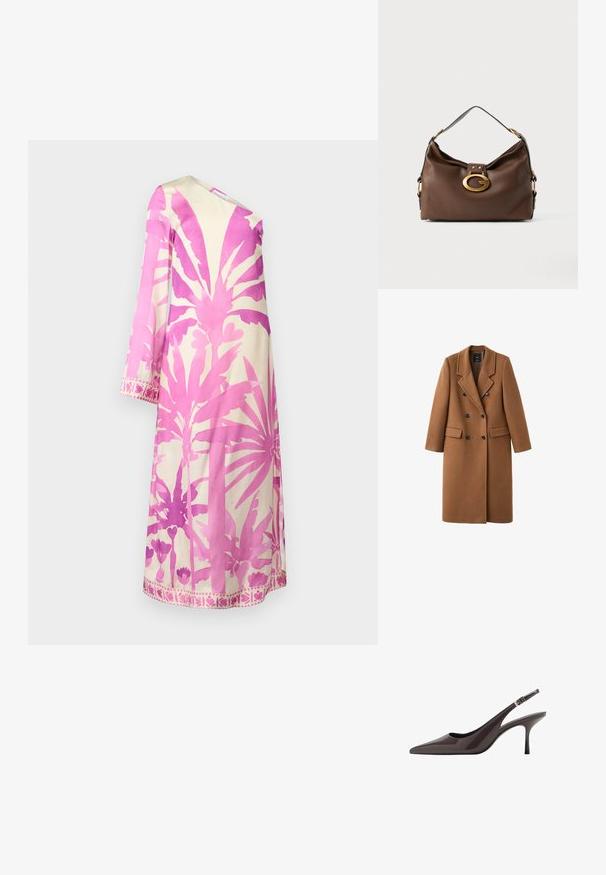 Brauner Wollmischmantel mit doppelter Knopfleiste, Reverskragen und zwei Seitentaschen. Mit schwarzen Knöpfen und knielangem Design.; Rosa- und crèmefarbenes Kleid mit botanischem Druck. Verfügt über lange Ärmel, einen V-Ausschnitt und einen dekorativen Saum mit floralen Mustern. Glatte Stofftextur.; Spitze Slingback-Absätze aus dunkelbraunem Lackleder, mit einem schlanken hohen Absatz und einem verstellbaren Knöchelriemen mit Schnalle.; Braune Handtasche aus Leder mit strukturiertem Finish, ausgestattet mit einem goldfarbigen Verschluss und einem einzigen, geschwungenen Schulterriemen.