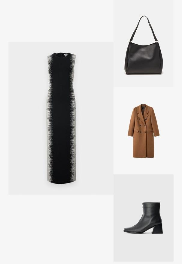 Brązowy płaszcz z mieszanki wełny z podwójnym zapięciem, z klapami z wycięciem i dwoma bocznymi kieszeniami. Posiada czarne guziki i długość do kolan.; Czarna sukienka bez rękawów o długiej, smukłej sylwetce z szarym gradientem, który przechodzi od jednolitego do teksturowanego.; Czarne skórzane botki za kostkę z kwadratowym noskiem, bocznym zamkiem błyskawicznym i słupkowym obcasem na jasnym tle.; Czarna torebka na ramię z syntetycznej skóry o miękkiej strukturze, w kształcie hobo, z podwójnymi ramiączkami. Posiada połyskliwe wykończenie i minimalistyczny design.