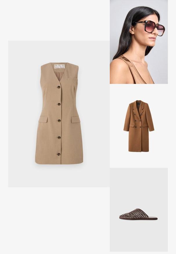 Palton dintr-un amestec de lână de culoare maro, cu un front dublu, clape bollardate și două buzunare laterale. Prezentă nasturi negri și un design până la genunchi.; Rochie bej fără mâneci, cu decolteu în V, cinci nasturi negri pe față, două buzunare cu clapete și un buzunar mic pe piept. Textura materialului este netedă.; Sandale tip slide împletite, de culoare maronie, cu vârf rotund, design deschis, talpă plată și suprafață texturată. Material ușor și siluetă minimalistă.; Ochelari de soare mari, pătrați, cu un cadru din tortois și lentile roz cu un gradient. Prezintă un accent cu logo de aur pe sprânceană.; Geantă tote din suede maro cu două mânere lungi, închidere prin șnur și un design minimalistic. Textură netedă și fără accente vizibile de hardură.