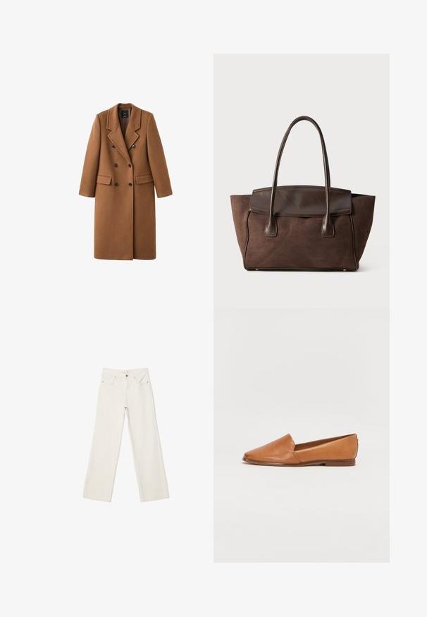Cappotto marrone in misto lana con chiusura doppiopetto, rever a punta e due tasche laterali. Presenta bottoni neri e un design fino al ginocchio.; Maglione beige chiaro a maniche lunghe con scollo rotondo, dotato di polsini, orlo e scollatura a coste, presentato piegato su uno sfondo bianco.; Jeans bianchi a gamba larga in denim, con vita alta, tasche anteriori e chiusura con bottone. Design pulito e minimal con pochi dettagli.; Scarpa piatta in pelle marrone con design a punta e suola bassa marrone. Texture liscia senza pattern o accessori visibili.; Borsa tote in suede marrone con un design strutturato, dettagli in pelle liscia, manici allungati e cuciture a contrasto sottili.