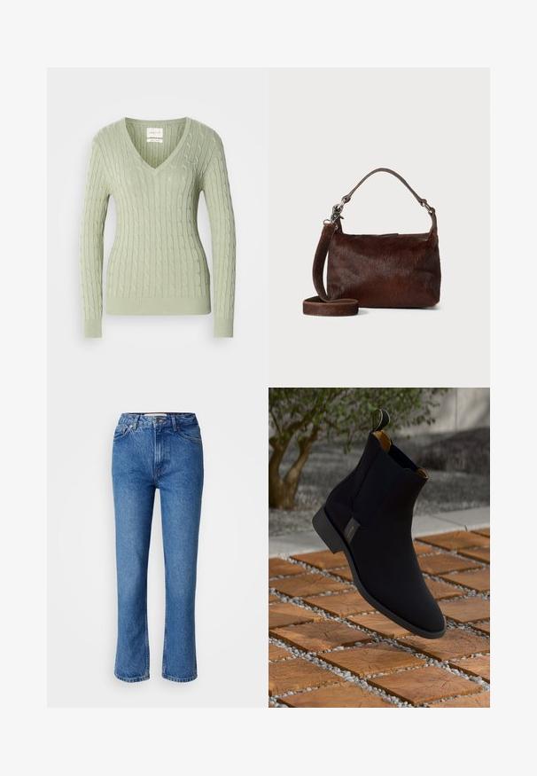 Palton dintr-un amestec de lână de culoare maro, cu un front dublu, clape bollardate și două buzunare laterale. Prezentă nasturi negri și un design până la genunchi.; Pulover tricotat de culoare verde deschis, cu decolteu în V, prezentând un model de cablu și manșete cu nervuri. Accesoriu mic cu logo pe piept.; Jeans din denim albastru cu un croi drept, având un design clasic cu cinci buzunare, cusături portocalii și închidere cu buton.; Botină din piele neagră până la gleznă, cu o finisare netedă, căptușită cu galben și un tab de prindere; așezată pe o suprafață texturată din lemn și pietriș.; Geantă de mână din piele maro cu un exterior moale, texturat, asemănător blănii, design subțire, un mâner scurt și o curea detașabilă.
