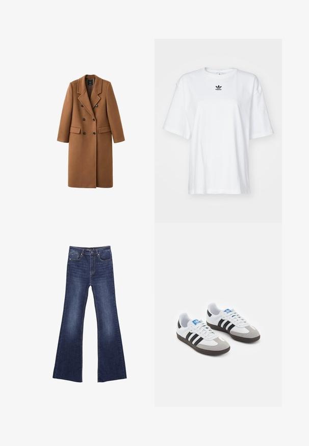 Hnědý kabát z vlněné směsi s dvojitou přední částí, klopovými límci a dvěma bočními kapsami. Má černé knoflíky a délku ke kolenům.; Bílý krátký rukávový tričko vyrobené z bavlny. Má kruhový výstřih a malé černé logo Adidas na hrudi. Rovný lem.; Tmavě modré džínsy s rozšířenými nohavicemi, vyrobené z džínsoviny. Obsahují přední kapsy a zapínání na zip s knoflíkem. Rovný pas.; Sportovní boty s bílým koženým svrškem, šedou semišovou špičkou a třemi černými pruhy. Obsahují modré logo na jazyku a texturovanou gumovou podrážku.