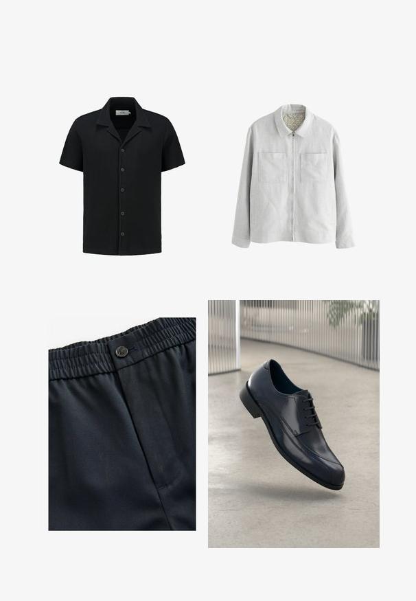 Giacca grigia chiara con colletto, dotata di due tasche sul petto, zip frontale e una fodera interna a motivo. Silhouette semplice e dritta.; Camicia nera a maniche corte in un tessuto a maglia testurizzato tipo waffle, con chiusura frontale a bottoni e design del colletto classico. Presenta cinque bottoni e un branding sobrio.; Tessuto leggero di colore blu navy con una texture liscia. Presenta una cintura elastica con chiusura a bottone e una tasca laterale.; Scarpa da cerimonia in pelle nera lucida con lacci, sospesa sopra un pavimento grigio chiaro e con barre metalliche verticali sullo sfondo.