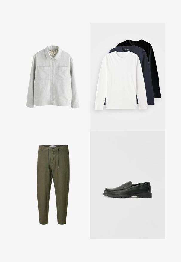 Gaiši pelēka jaka ar apkakli, divām krūšu kabatām, priekšējo rāvējslēdzēju un rakstainu iekšējo odere. Vienkārša, taisna silueta.; Trīs ar garām piedurknēm T-krekli, salikti vienā vietā: viens balts, viens tumši zils un viens melns. Izgatavoti no gludas kokvilnas, ar apaļiem kakla izgriezumiem un sānu slēgumiem.; Olīvzaļas lina bikses ar regulējamu aukliņu jostasvietā, šauriem svārkiem, priekšējām kabatām un pogu aizdari.; Melnas ādas loafers ar gludu apdari, mokasīnu stila augšdaļu, šūtu detalizāciju un gumijas zoli. Klasisks dizains ar zemu papēdi.
