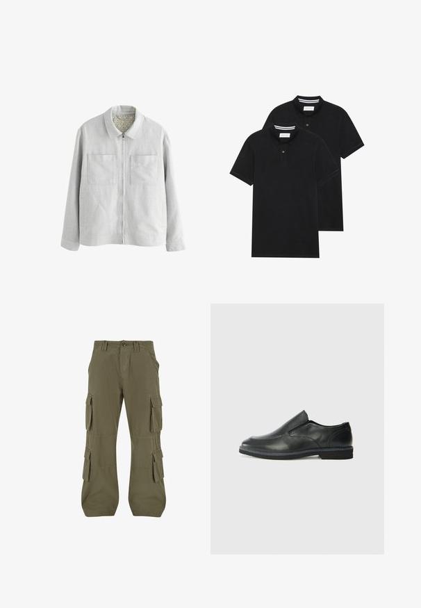 Hellgraue Jacke mit Kragen, ausgestattet mit zwei Brusttaschen, einem Frontreißverschluss und einem gemusterten Futter. Schlichte, gerade Silhouette.; Zwei schwarze Polohemden, kurzärmlig, aus Baumwolle, mit einem klassischen Kragen, zwei Knöpfen und weißen Streifenakzenten im Inneren des Kragens.; Cargo-Hosen in Olivgrün. Aus Baumwolle gefertigt, mit mehreren Seitentaschen, geradem Schnitt und sichtbaren Nahtdetails.; Schwarze Leder-Slipper mit glattem Obermaterial, gesteppten Akzenten, runder Zehenpartie und niedrigem Gummiabsatz. Die Sohle hat ein minimales Profil.