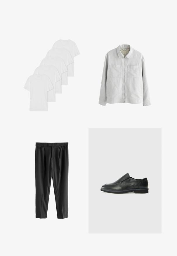 Jachetă gri deschis cu guler, având două buzunare pe piept, fermoar frontal și căptușeală interioară cu model. Siluetă simplă, dreaptă.; Șase tricouri albe din bumbac cu mâneci scurte și gât rotund aranjate într-un rând, având o textură netedă și fără modele vizibile.; Next REGULAR FIT -CHECK SMART - Pantaloni chino - black; Pantof de piele neagră, tip slip-on, cu un superior neted, accente cusute, vârf rotunjit și un toc jos din cauciuc. Talpa are un profil minim de aderență.