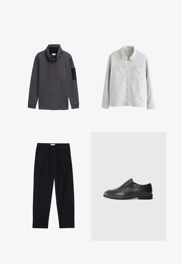 Light gray jacket with a collar, featuring two chest pockets, front zipper, and a patterned inner lining. Simple, straight silhouette.; Gray long-sleeve pullover with a high neckline, drawstrings, and a navy patch on the left sleeve featuring red text. Made from a soft, textured fabric.; Pier One Chinos - black; Black leather slip-on shoe with a smooth upper, stitched accents, rounded toe, and a low rubber heel. Sole features minimal tread.
