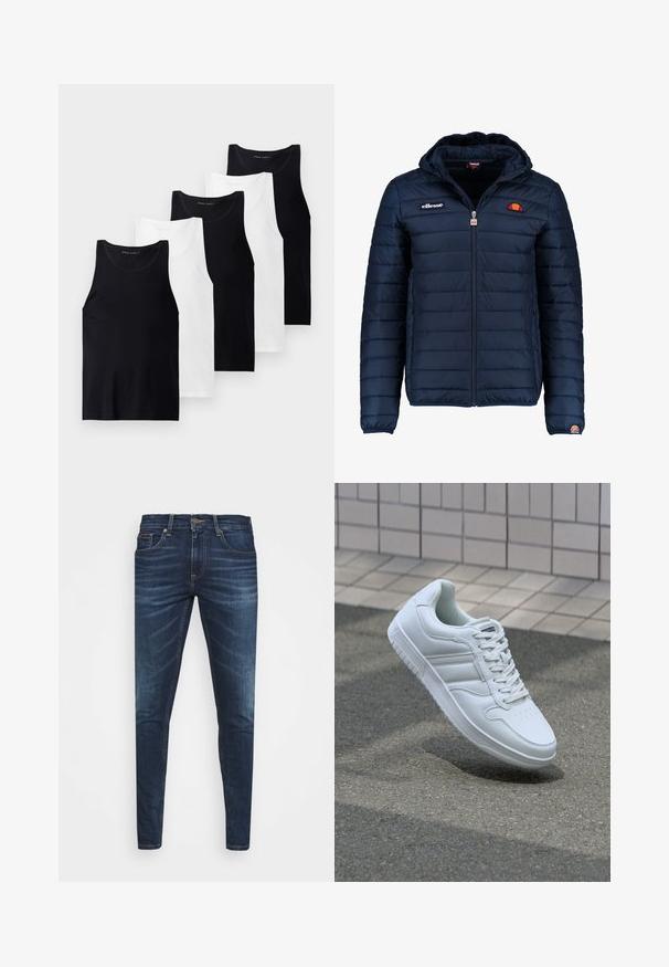 Marineblauwe gewatteerde jas met een capuchon, ritsluiting, kanalenstiksel en logoaccenten op de borst en mouw. Zachte, gestructureerde stof.; Twee langslavende sweatshirts met ronde hals, één lichtgrijs voor één zwart, beide met ribgebreide manchetten en zoom.; Set van vijf mouwloze tanktops in zwart en wit katoen. Voorzien van ronde hals, aansluitend ontwerp en effen textuur.; Donkerblauwe denim jeans met een slim fit, subtiele vervaging, vijf zakken en een metalen knoopsluiting. Gestikte accenten in contrasterende kleur.; Witte sportsneaker met een glad leren bovenwerk, vetersluiting aan de voorkant, geperforeerde neus en een geprofileerde zool. Minimalistisch ontwerp met drie zijstrepen.