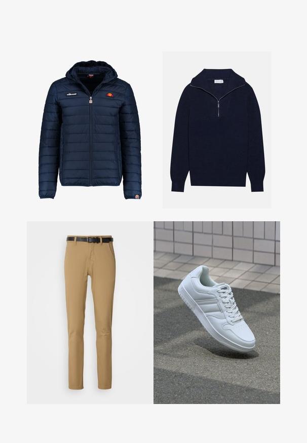 Tengerészkék puffos dzseki kapucnival, cipzáras záródással, csatorna varrással, és logóval díszített mellkassal és ujjakkal. Puha, texturált anyag.; Tengerészkék kötött pulóver félcipzáros gallérral, bordás textúrával és V-alakú mintával az elején. Hosszú ujjú és testhez simuló szegéllyel rendelkezik.; Három rövid ujjú póló fehér, sötét tengerészkék és fekete színben. Pamutból készült, kerek nyakú és egyenes szegélyű. Egyszerű dizájn, minta nélkül.; Karcsúsított szabású khaki nadrág, sima anyagból készült. Fekete öv, két elülső zseb és egyenes fazon jellemzi.; Fehér sportcipő sima bőr felsőrésszel, fűzős elülettel, perforált orral és mintázott talppal. Minimalista dizájn három oldalsávval.