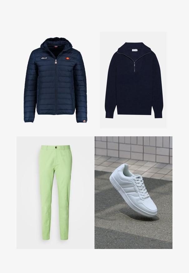 Navy blue puffer jacket with a hood, zip closure, channel stitching, and logo accents on the chest and sleeve. Soft, textured fabric.; Navy blue knit sweater with a half-zip collar, featuring ribbed texture and a V-shaped design on the front. Long sleeves and fitted hem.; Pack of three white tank tops made of cotton, featuring a rounded neckline and sleeveless design, smooth texture, and standard fit.; Light green cotton trousers with a slim fit, featuring a single brown button closure and standard pockets, smooth texture, no patterns.; White athletic sneaker with smooth leather upper, lace-up front, perforated toe, and patterned sole. Minimalist design with three side stripes.