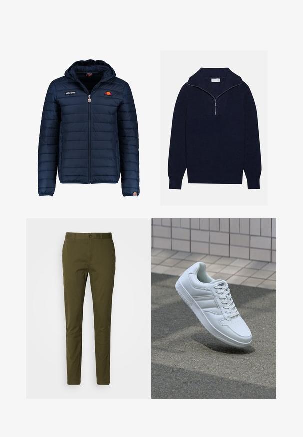 Tummansininen puhvitakki, jossa on huppu, vetoketjukiinnitys, kanavapistoilu ja logoteemaiset yksityiskohdat rinnassa ja hihassa. Pehmeä, teksturoitu kangas.; Merseyblu flettefleece med halv glidelås i kragen, med ribbestruktur og et V-formet design på forsiden. Lange ermer og tettsittende hem.; Oliivivihreät housut, jotka on valmistettu sileästä puuvillasta. Niissä on nappikiinnitys, slim fit -kaava ja minimaalinen ompelu yksityiskohta vyötäröllä.; Valkoiset urheilukengät, joissa on sileä nahkapinta, nauhakiinnitys edessä, rei'itetty kärki ja kuvioitu pohja. Minimalistinen muotoilu, jossa on kolme sivuraitaa.