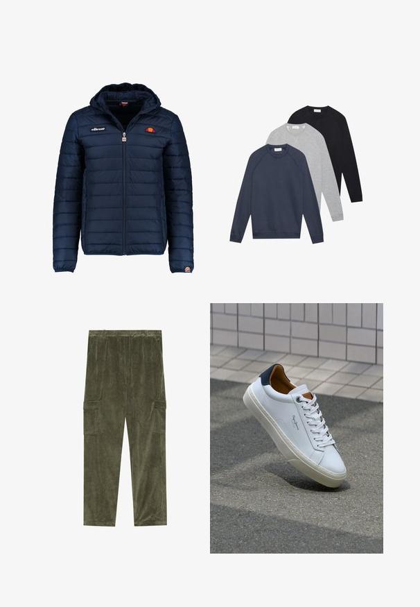 Jachetă puffer de culoare bleumarin, cu glugă, închidere cu fermoar, cusături în canale și detalii cu logo pe piept și pe mânecă. Material moale, texturat.; Trei pulovere cu mânecă lungă și guler rotund, în nuanțe de bleumarin, gri deschis și negru, așezate pe un fundal alb.; Pantaloni cargo din corduroy de culoare verde măslin, cu textură ribbed verticală, având două buzunare laterale și un talie elastică pentru confort.; Adidași din piele albă cu călcâi bleumarin, vârf rotund și accente contrastante de culoare maro. Dispun de șireturi plate și talpă din cauciuc texturat.