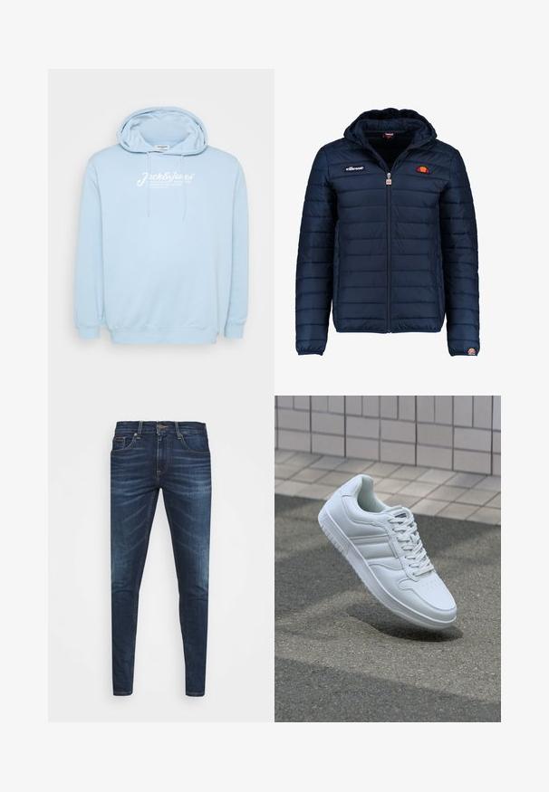 Veste matelassée bleu marine avec capuche, fermeture zippée, coutures en canaux et accents de logo sur la poitrine et la manche. Tissu doux et texturé.; Haut de survêtement bleu clair avec une poche kangourou à l'avant, capuche avec cordon de serrage et texte en logo blanc sur la poitrine. Fabriqué en tissu doux avec des poignets côtelés.; Jean en denim bleu foncé avec une coupe slim, décoloration subtile, cinq poches et une fermeture à bouton en métal. Accents cousus dans une couleur contrastante.; Baskets blanches de sport avec une tige en cuir lisse, un laçage à l'avant, une pointe perforée et une semelle à motifs. Design minimaliste avec trois bandes latérales.