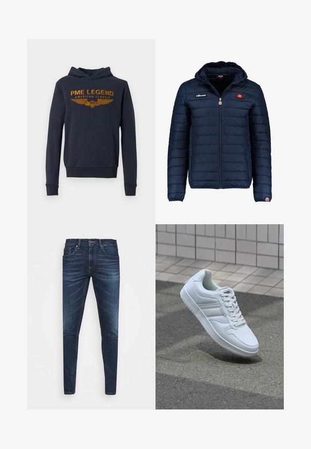 Temno modra napihnjena jakna s kapuco, z zadrgo, kanalnim šivom in logotipom na prsih in rokavu. Mehka, teksturirana tkanina.; Mornarsko modra kapuca iz mešanice bombaža, z sprednjim žepom, ribastimi manšeti in grafičnim besedilom ter dizajnom kril v gorčično rumeni barvi na prsih.; Temno modri kavbojke ozkega kroja, s subtilnim bledenjem, petimi žepi in kovinskim zapiranjem na gumb. Oštrikanje z akcenti v kontrastni barvi.; Bela atletska teniska obutev z gladkim usnjenim zgornjim delom, vezanjem spredaj, perforiranim prstom in vzorčastim podplatom. Minimalistična zasnova s tremi stranskimi črtami.