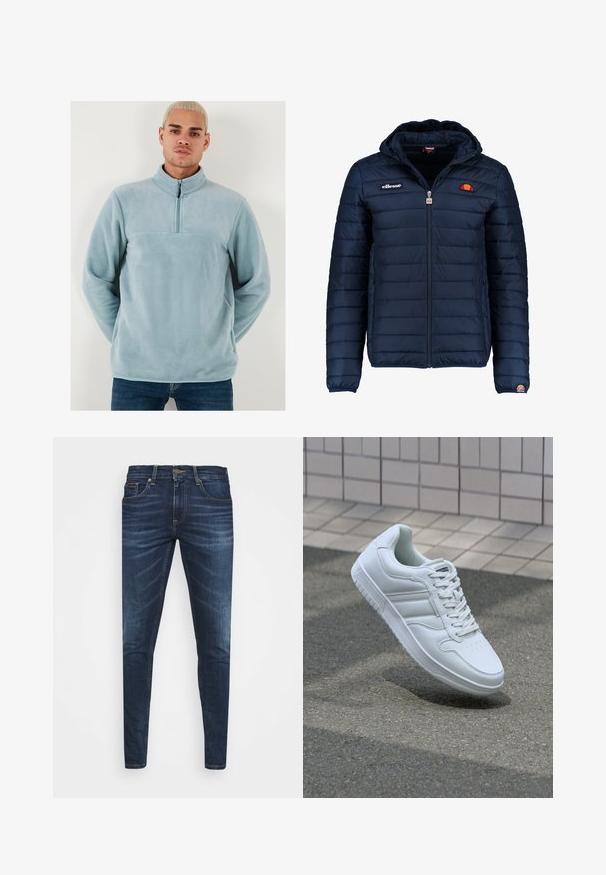 Temno modra napihnjena jakna s kapuco, z zadrgo, kanalnim šivom in logotipom na prsih in rokavu. Mehka, teksturirana tkanina.; Svetlo modra flis majica s visokim ovratnikom in pol zip zapiranjem spredaj. Mehka tekstura z enotnim dizajnom in horizontalnim šivom čez prsa.; Temno modri kavbojke ozkega kroja, s subtilnim bledenjem, petimi žepi in kovinskim zapiranjem na gumb. Oštrikanje z akcenti v kontrastni barvi.; Bela atletska teniska obutev z gladkim usnjenim zgornjim delom, vezanjem spredaj, perforiranim prstom in vzorčastim podplatom. Minimalistična zasnova s tremi stranskimi črtami.