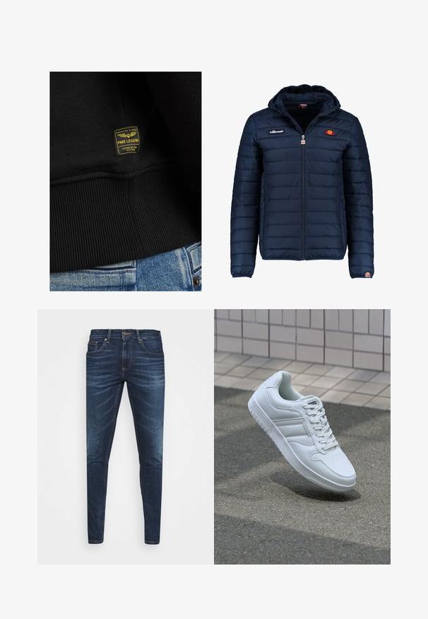 Granatowa kurtka puchowa z kapturem, zapinana na zamek, z przeszyciami w kształcie kanałów oraz akcentami loga na piersi i rękawie. Miękka, teksturowana tkanina.; Czarna bluza z dzianinowym ściągaczem z żółto-czarną metką z napisem "PME LEGEND", przyszytą do tkaniny. Materiał bawełniany o fakturze.; Granatowe dżinsy o slim fit, delikatnym wyblaknięciu, pięciu kieszeniach i metalowym zapięciem. Haftowane akcenty w kontrastowym kolorze.; Białe sportowe trampki z gładkiej skóry, z zapięciem na sznurowadła, perforowanym noskiem i wzorzystą podeszwą. Minimalistyczny design z trzema paskami po bokach.