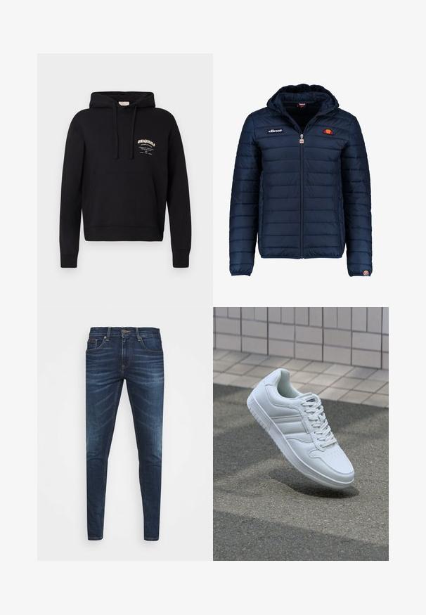 Dunkelblaue Daunenjacke mit Kapuze, Reißverschluss, Kastensteppnähten und Logo-Akzenten auf der Brust und dem Ärmel. Weicher, strukturierter Stoff.; Schwarzer Kapuzenpullover mit einer Kängurutasche vorne, verstellbarem Kapuzenzug und einem weißen Markenlogo auf der Brust. Hergestellt aus weichem Baumwollstoff.; Dunkelblaue Jeans im Slim Fit mit subtiler Verwaschung, fünf Taschen und einem Metallknopfverschluss. Genähte Akzente in kontrastierender Farbe.; Weiße sportliche Sneaker mit Obermaterial aus glattem Leder, Schnürfront, durchlöchtem Zehenbereich und gemusterter Sohle. Minimalistisches Design mit drei Seitenstreifen.