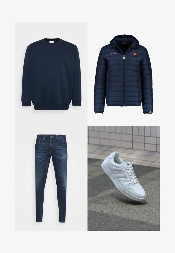 Dunkelblaue Daunenjacke mit Kapuze, Reißverschluss, Kastensteppnähten und Logo-Akzenten auf der Brust und dem Ärmel. Weicher, strukturierter Stoff.; Marineblaues Sweatshirt aus weichem Baumwoll-Mix, mit Rundhalsausschnitt, langen Ärmeln sowie gerippten Bündchen und Saum. Minimalistisches Design ohne Muster.; Dunkelblaue Jeans im Slim Fit mit subtiler Verwaschung, fünf Taschen und einem Metallknopfverschluss. Genähte Akzente in kontrastierender Farbe.; Weiße sportliche Sneaker mit Obermaterial aus glattem Leder, Schnürfront, durchlöchtem Zehenbereich und gemusterter Sohle. Minimalistisches Design mit drei Seitenstreifen.