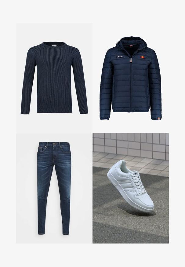Tengerészkék puffos dzseki kapucnival, cipzáras záródással, csatorna varrással, és logóval díszített mellkassal és ujjakkal. Puha, texturált anyag.; Tengerészkék bordázott kötött pulóver hosszú ujjakkal, kerek nyakkivágással és texturált mintázattal. Puha anyagból készült, karcsú fazonnal.; Sötétkék farmernadrág, testhezálló fazonnal, finom áttűnéssel, öt zsebbel és fémből készült gombzárral. Kontrasztos színű varrási díszítések.; Fehér sportcipő sima bőr felsőrésszel, fűzős elülettel, perforált orral és mintázott talppal. Minimalista dizájn három oldalsávval.