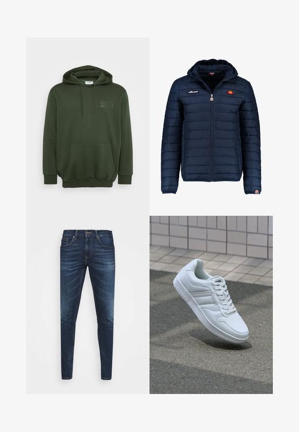 Temno modra napihnjena jakna s kapuco, z zadrgo, kanalnim šivom in logotipom na prsih in rokavu. Mehka, teksturirana tkanina.; Olive zelena kapuca z sprednjim žepom, kapuco s vrvico in embosiranim logotipom na prsih. Narejena iz mehke, teksturirane tkanine.; Temno modri kavbojke ozkega kroja, s subtilnim bledenjem, petimi žepi in kovinskim zapiranjem na gumb. Oštrikanje z akcenti v kontrastni barvi.; Bela atletska teniska obutev z gladkim usnjenim zgornjim delom, vezanjem spredaj, perforiranim prstom in vzorčastim podplatom. Minimalistična zasnova s tremi stranskimi črtami.