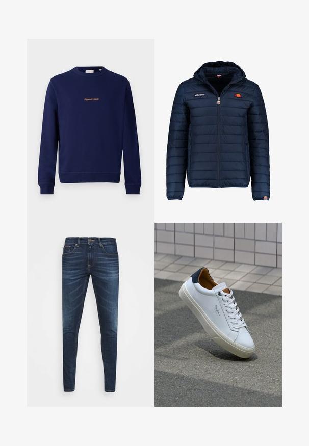 Navy blue puffer jacket with a hood, zip closure, channel stitching, and logo accents on the chest and sleeve. Soft, textured fabric.; Navy blue sweatshirt made of cotton, featuring a round neck, ribbed cuffs, and a small orange embroidered logo on the front.; Dark blue denim jeans with a slim fit, subtle fade, five pockets, and a metal button closure. Stitched accents in contrasting color.; White leather sneaker with a navy heel, round toe, and contrasting brown accents. Features flat laces and textured rubber sole.