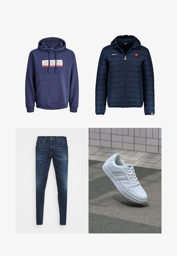 Mørkeblå puffjakke med hætte, lynlåslukning, kanalstyret syning og logo-detaljer på brystet og ærmet. Blødt, struktureret stof.; Marineblå hættetrøje lavet af en blanding af bomuldsstof, der har en frontkangaroo-lomme, snor i hætten, og et grafisk logo-design på tværs af brystet.; Mørkeblå denim jeans med slim fit, subtil falming, fem lommer og metalknaplukning. Syede detaljer i kontrastfarve.; Hvide atletiske sneakers med glat læderoverdel, snørelukning foran, perforeret tå og mønstret sål. Minimalistisk design med tre sidelister.