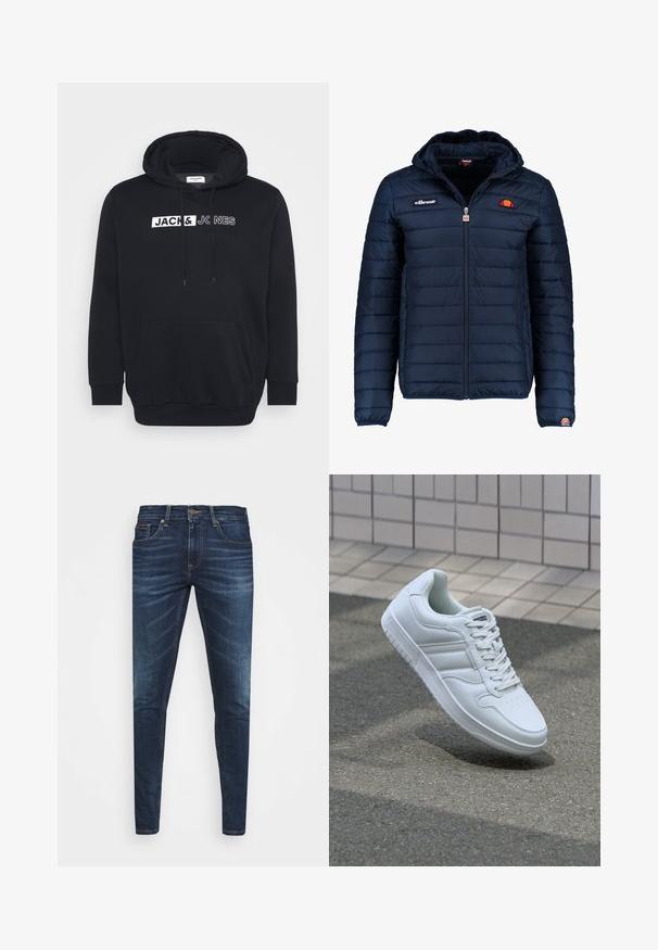 Navy blue puffer jacket with a hood, zip closure, channel stitching, and logo accents on the chest and sleeve. Soft, textured fabric.; Black hoodie made of cotton blend material, featuring a large front pocket, drawstring hood, and white branded text on chest.; Dark blue denim jeans with a slim fit, subtle fade, five pockets, and a metal button closure. Stitched accents in contrasting color.; White athletic sneaker with smooth leather upper, lace-up front, perforated toe, and patterned sole. Minimalist design with three side stripes.