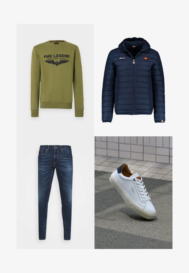 Námornícky modrá prešívaná bunda s kapucňou, zipsom, kanálovým prešívaním a logovými akcentmi na hrudi a rukáve. Mäkkučká, textúrovaná tkanina.; Olive zelená mikina s okrúhlym výstrihom, s námornícky modrým textom a grafikou krídel. S rebrovanými manžetami a spodným lemom, vyrobená z mäkkej tkaniny.; Tmavomodré džíny s úzkym strihom, jemným opotrebovaním, piatimi vreckami a kovovým zapínaním. Šité akcenty v kontrastnej farbe.; Biele kožené tenisky s námorníckym opätkom, okrúhlou špičkou a kontrastnými hnedými akcentami. Majú ploché šnúrky a textúrovanú gumovú podrážku.