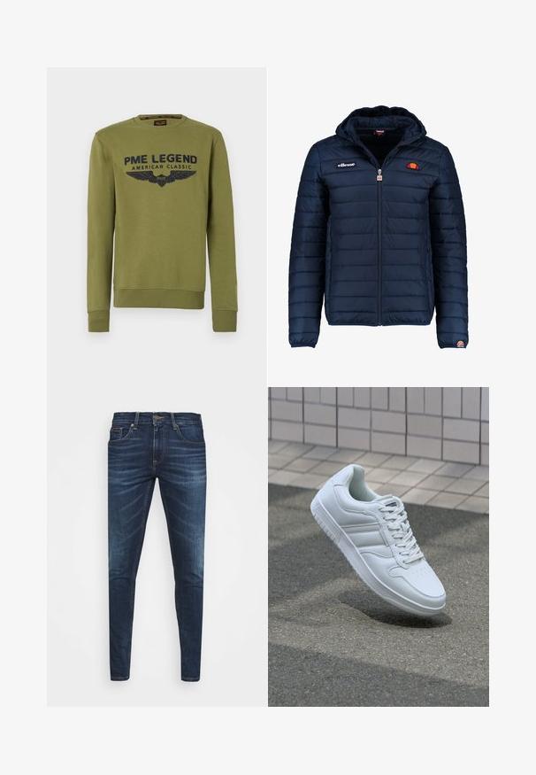 Granatowa kurtka puchowa z kapturem, zapinana na zamek, z przeszyciami w kształcie kanałów oraz akcentami loga na piersi i rękawie. Miękka, teksturowana tkanina.; Sukienka w kolorze oliwkowym z okrągłym dekoltem, z niebieskim nadrukiem i grafiką skrzydeł. Prążkowane mankiety i dół, wykonana z miękkiego materiału.; Granatowe dżinsy o slim fit, delikatnym wyblaknięciu, pięciu kieszeniach i metalowym zapięciem. Haftowane akcenty w kontrastowym kolorze.; Białe sportowe trampki z gładkiej skóry, z zapięciem na sznurowadła, perforowanym noskiem i wzorzystą podeszwą. Minimalistyczny design z trzema paskami po bokach.