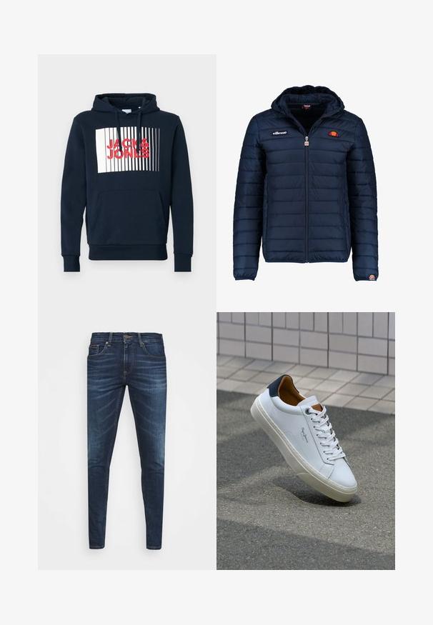 Marineblauwe gewatteerde jas met een capuchon, ritsluiting, kanalenstiksel en logoaccenten op de borst en mouw. Zachte, gestructureerde stof.; Navy katoenen hoodie met een voorzak in kangoeroestijl, een capuchon met trekkoord en een witte rechthoekige afbeelding met bold rode tekst "JACK & JONES."; Donkerblauwe denim jeans met een slim fit, subtiele vervaging, vijf zakken en een metalen knoopsluiting. Gestikte accenten in contrasterende kleur.; Witte leren sneaker met een marineblauwe hiel, ronde neus en contrasterende bruin accent. Beschikt over platte veters en een gestructureerde rubberen zool.