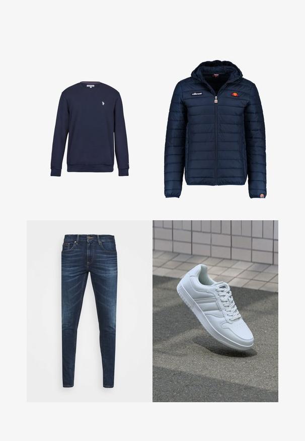 Tums zilā puffer jaka ar kapuci, rāvējslēdzēja aizdare, kanālu šuvēm un logotipa akcentiem uz krūtīm un piedurknēm. Mīksta, teksturēta auduma.; Jūras spēku zila kreklu svārki, izgatavoti no kokvilnas maisījuma auduma. Satur mazu balto logotipu uz krūšu daļas un ribotas piedurknes un apakšmalu.; Tumši zili džinsi ar šauru piegriezumu, ar vieglu izbalēšanu, piecām kabatām un metalizētu pogu aizdari. Šuvju akcenti kontrastējošā krāsā.; Balti sporta apavi ar gludu ādas virsu, sasienamais priekšpuse, perforēts purngals un rakstaina zole. Minimālisma dizains ar trim sānu svītrām.