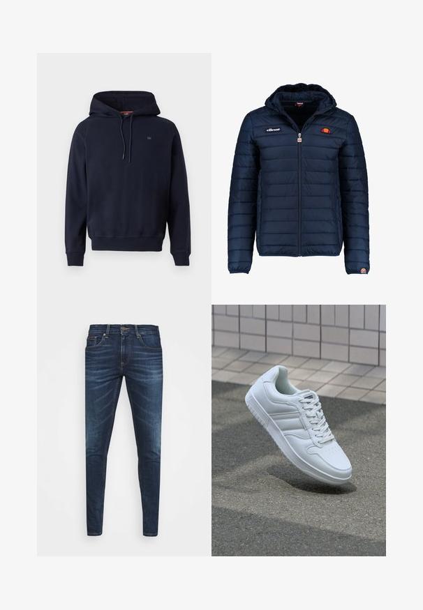 Marineblå puffjakke med hette, glidelås, kanalsøm og logoaksenter på brystet og ermet. Mykt, teksturert stoff.; Mørkeblå hettegenser med lange ermer, snøring i front, ribbestrikkede mansjetter og kant, og liten logo på brystet.; Mørkeblå denimjeans med smal passform, subtil falming, fem lommer og metallknaplukking. Sømmer i kontrastfarge.; Hvit atletisk sneaker med glatt skinnoverside, snøring foran, perforert tå og mønstrets såle. Minimalistisk design med tre side-striper.